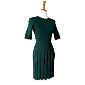 Ted Baker Forest Green Knit Skater Dress XS – Sculpted Pleats, Scallop Trim